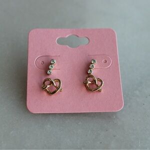 2 Pair Gold Tone Stud Earrings Pretzel Hearts & Triple Crystal Studs Brand New